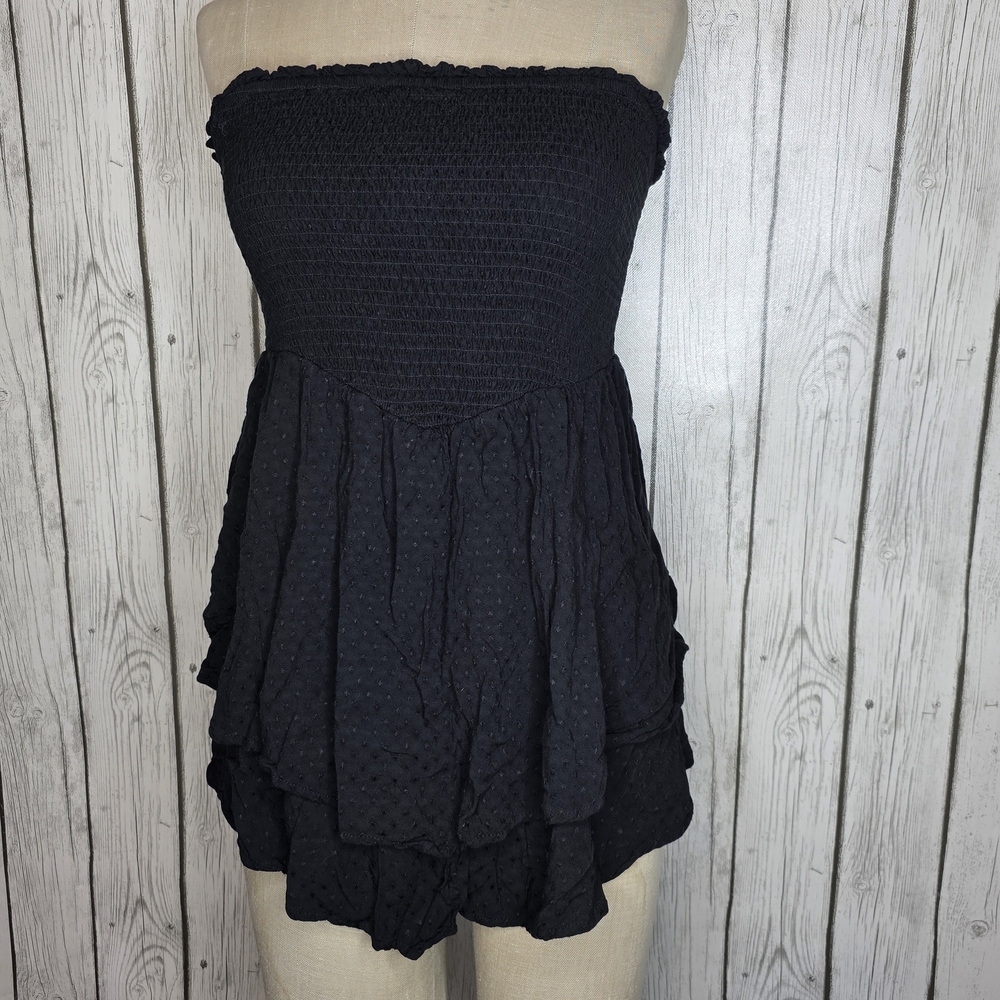 Maeve by Anthropologie Swiss Dot Boho Smocked Peplum Tube Top Black Medium